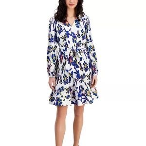 Taylor V-Neck Floral Dress Sz L Crepe Multicolor Tie-Waist Pleated Long Sleeve